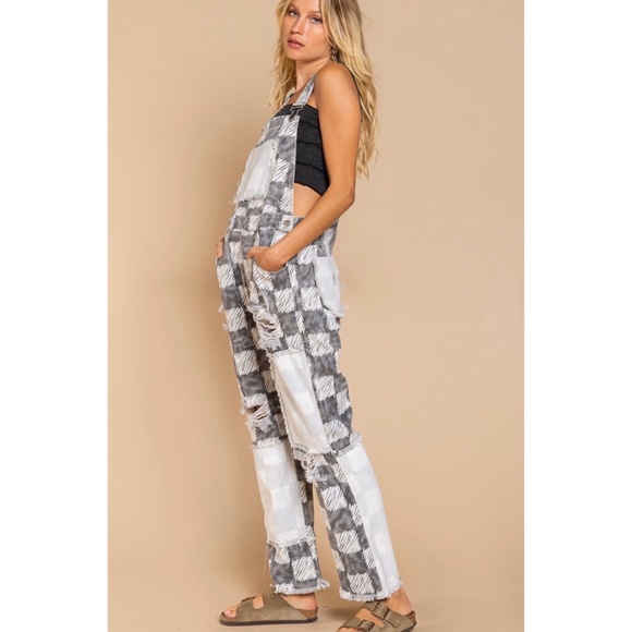 POL Black & White Distressed Patchwork Checker Pattern Overalls - Picture 4 of 9